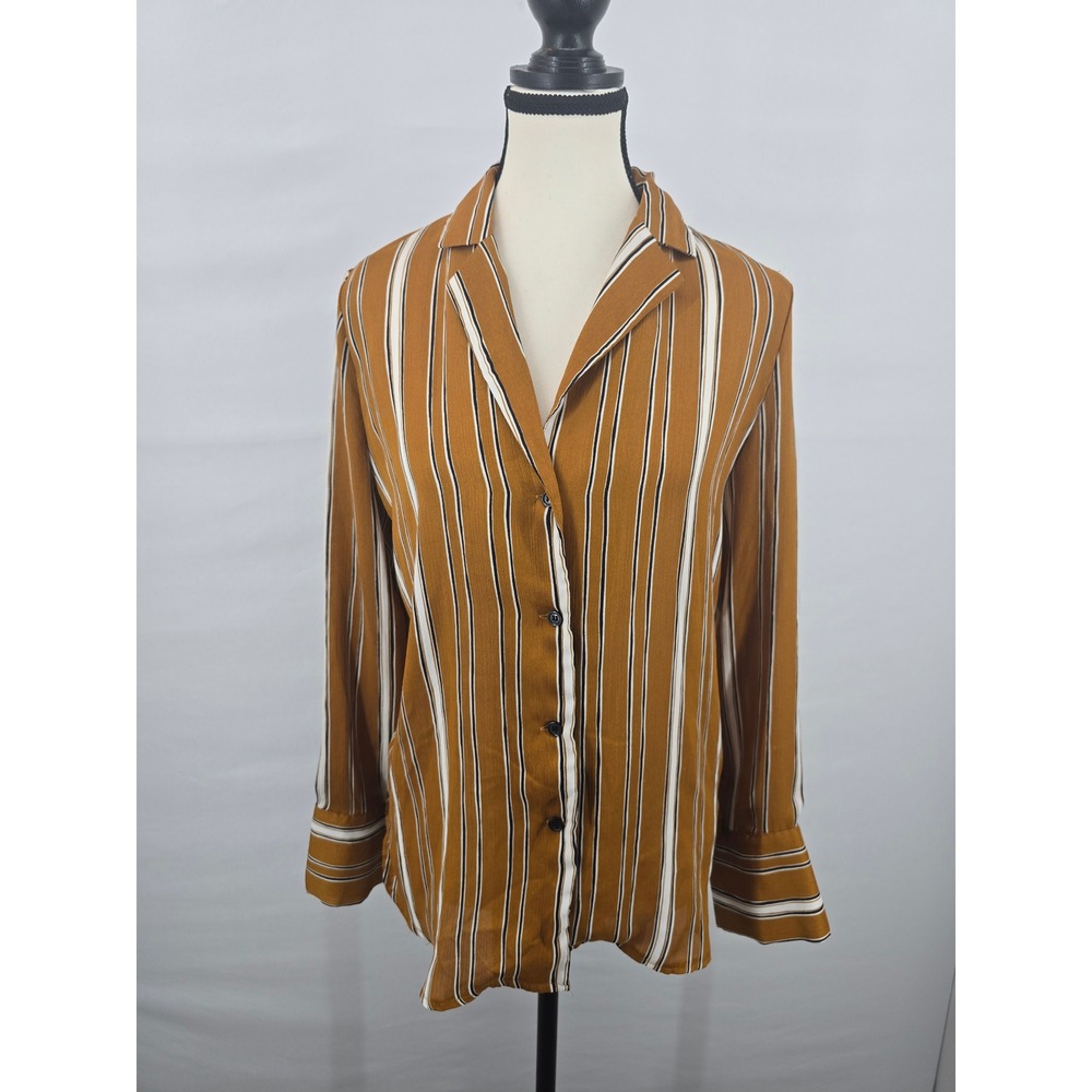 Emory Park Womens Mustard Yellow Striped Long Sleeve Button Down Blouse Small